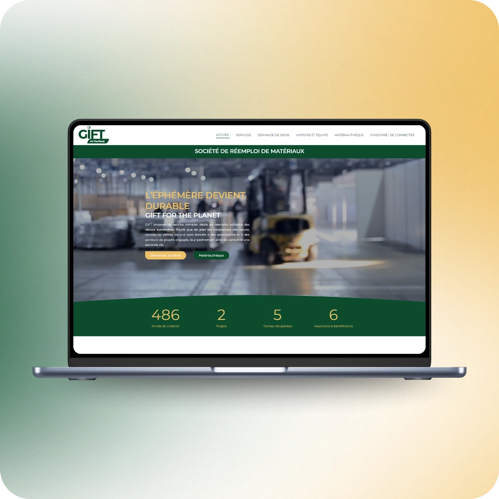 Création site vitrine entreprise réemploi événements ordinateur – Gift For The Planet Création site vitrine entreprise réemploi de matériaux événements ordinateur - Gift For The Planet