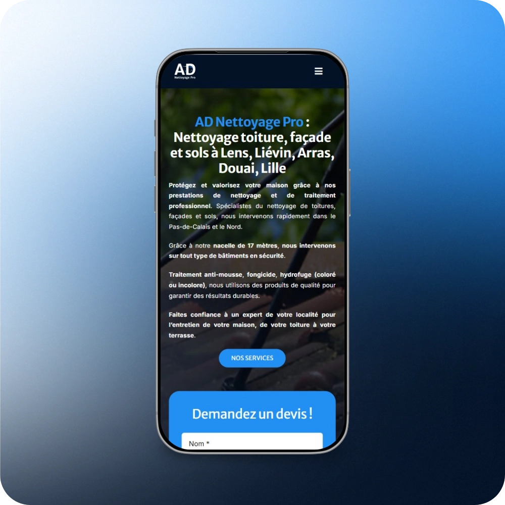 Création site vitrine responsive téléphone entreprise d'entretien de toiture maison - AD Nettoyage Pro