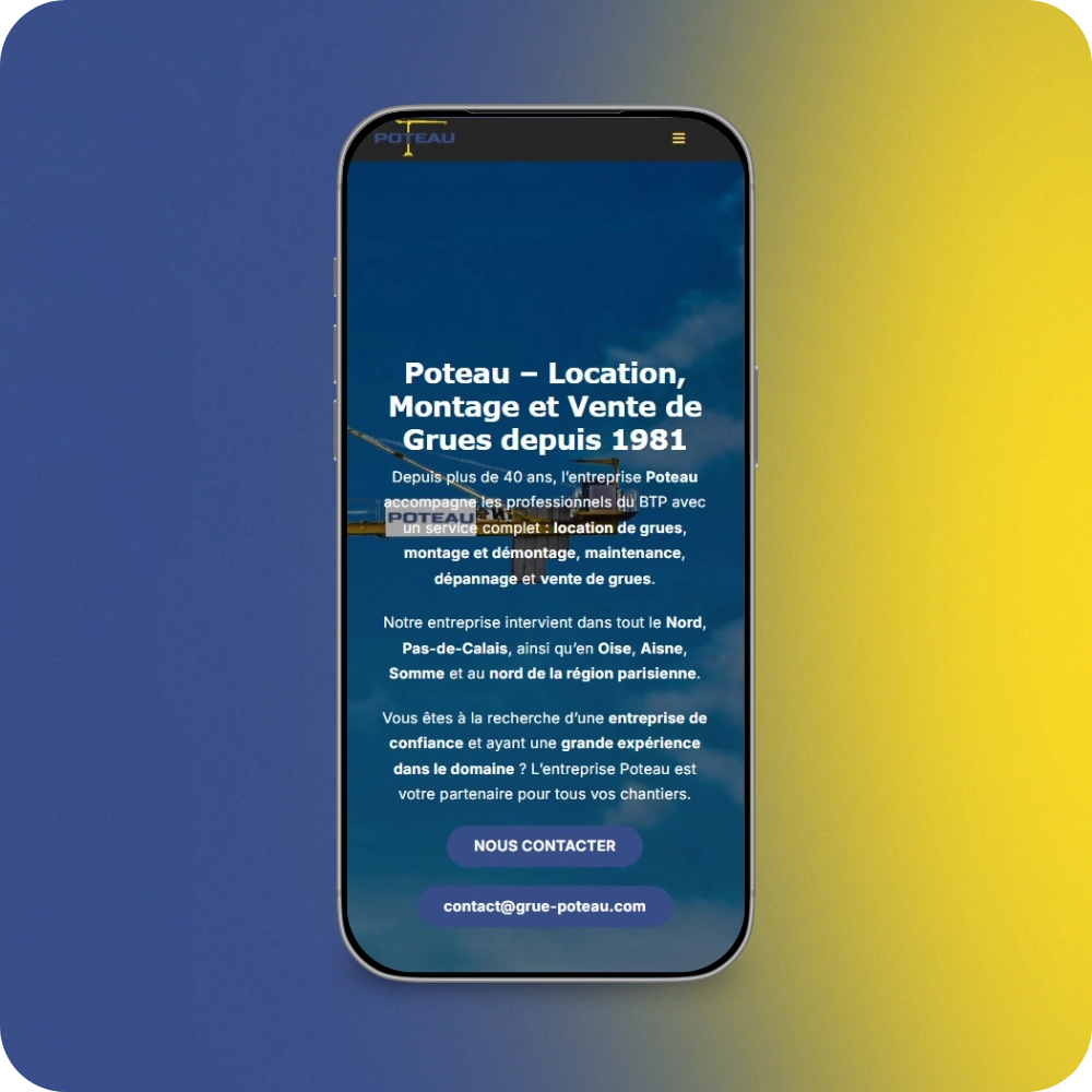 Création site vitrine responsive téléphone entreprise location et vente grues de chantier - Grues Poteau