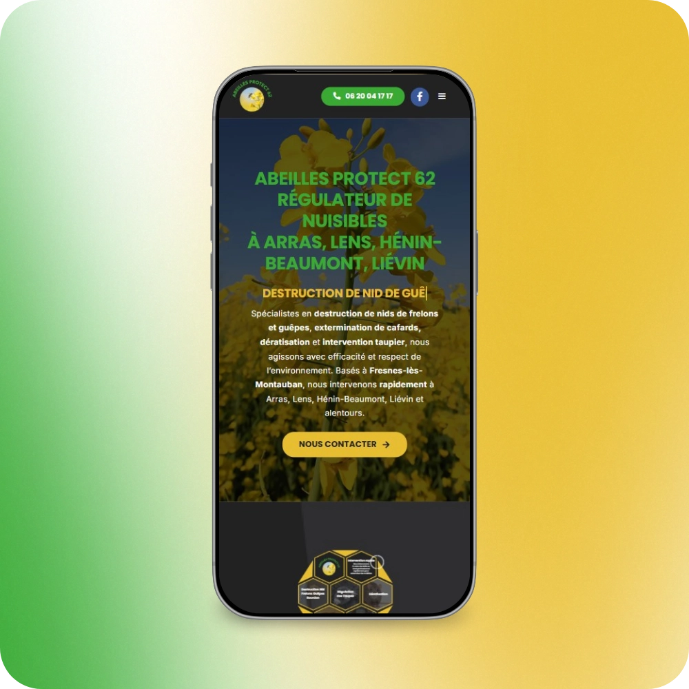 Création site vitrine responsive téléphone entreprise régulateur nuisibles frelons asiatiques souris taupes - Abeilles Protect 62