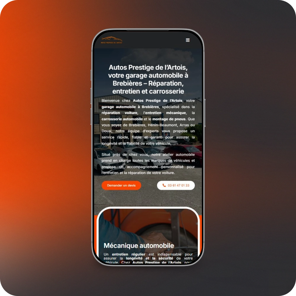 Création site vitrine responsive téléphone garage mécanique et carrosserie automobile - Autos Prestige de l'Artois